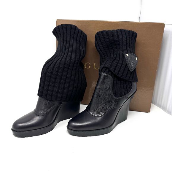 Gucci Knit-Sock Black Leather Wedge Boots - Picture 2 of 13